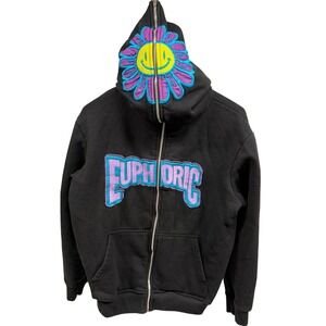 Euphoric 777 Black Y2K Embroidered Flower Over-sized Full Zip Hoodie Medium